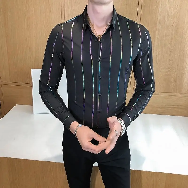 

Striped Stamping Hot Shirt Slim Shirt Camisa Social Masculina Casual Men Shirt Korean Men Clothes 2020 Autumn Mens Rainbow