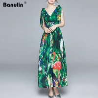 banulin summer runway maxi dress womens v neck bow tie strap elastic waist green jungle print holiday boho chiffon long dress