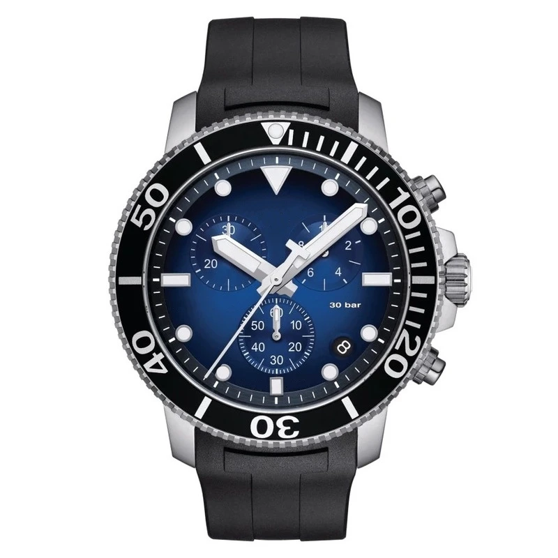

High-end Men's Watch Seastar 1000 Quartz Chronograph Black Rubber Stainless Steel Sapphire Glass