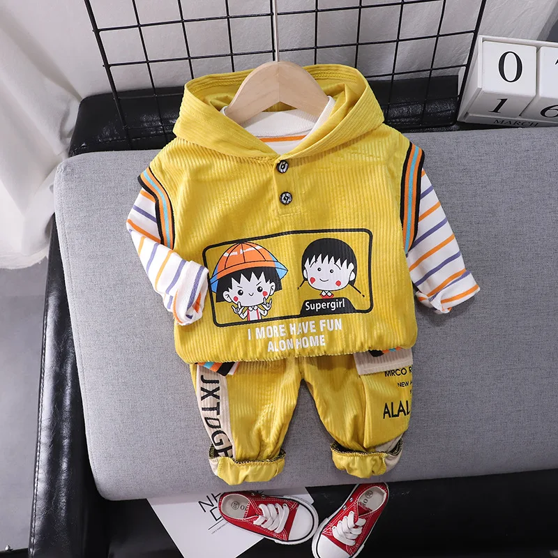 

Toddler Infant Clothes Outfit Baby Girls Boys Clothing Set Autumn Kids Cartoon Hooded Vest Striped T-shirt+Pants Baby 3pcs Suits
