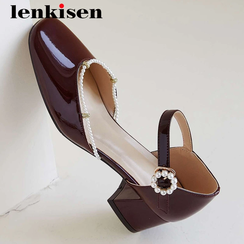 

Lenkisen Princess style cow patent leather beading fairy square toe thick med heel buckle straps vintage maiden women pumps L7f3