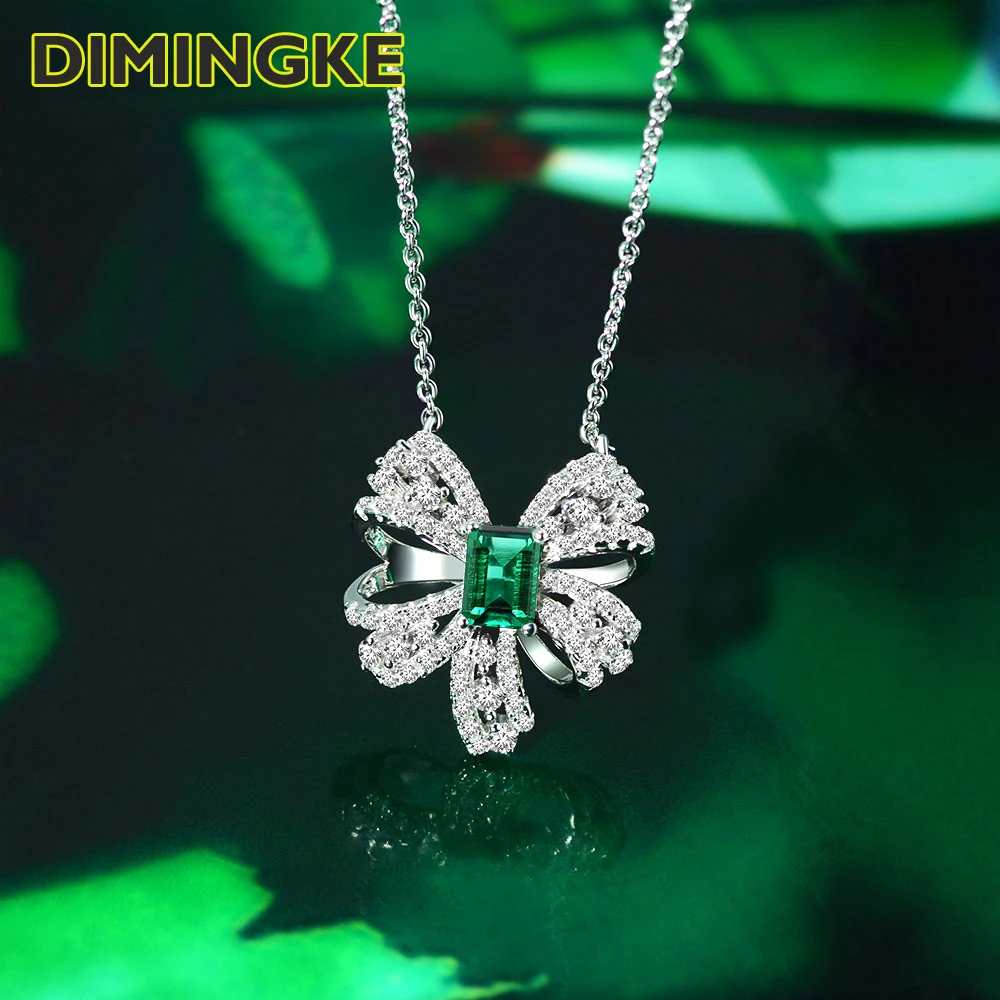 

DIMINGKE 5*7 Luxury Emerald Bow Pendant Necklace S925 Jewelry Sterling Silver Party Birthday Lover Super Flash Gift