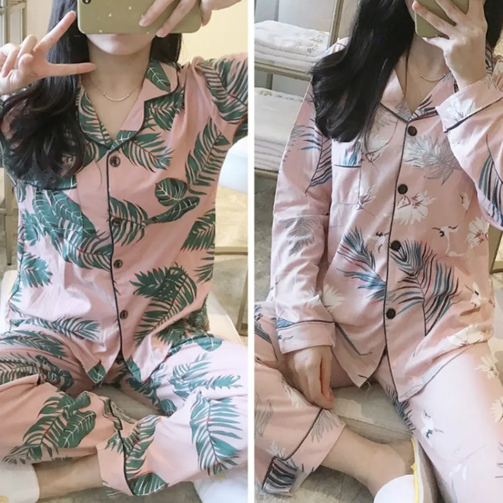 

Pink Crane and Leaf Print Satin Pajama Set Women Autumn Casual Short Sleeve Pocket Sleepwear Long Pants Pajama Sets