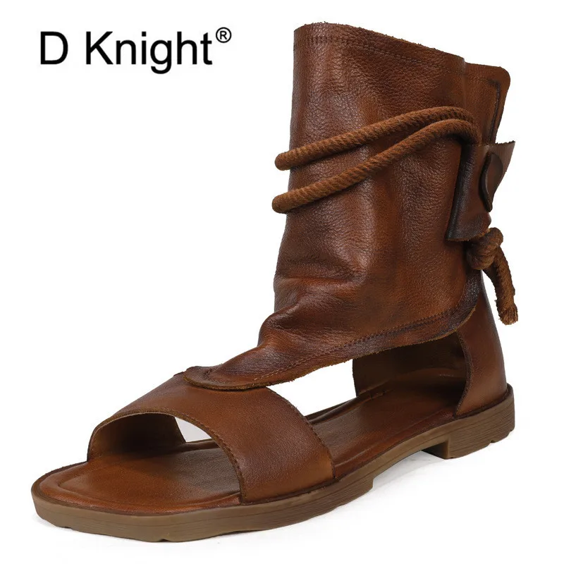 

Summer 2020 New Women Sandals Retro High-Top Gladiator Sandals For Women Genuine Leather Hemp Rope Strap Lady Flat Sandals Shoes
