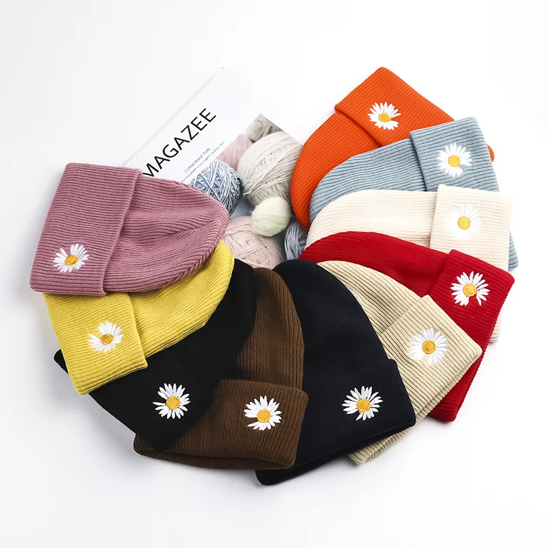 

Daisy Embroidery Winter Hats For Women Men Beanies Knitted Solid Cool Hat Girls Autumn Female Beanie Warm Bonnet Casual Cap