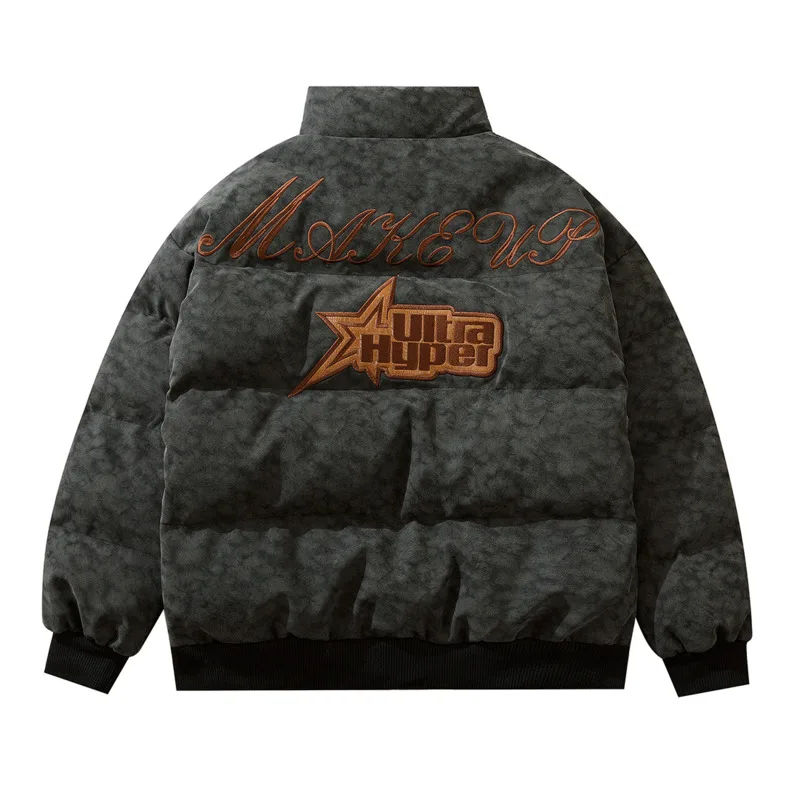 

Harajuku Men's Parkas Jacket Thicken Warm Solid All-match Stand-up Collar Down Jackets Vintage Embroidery Oversized Parka Coat