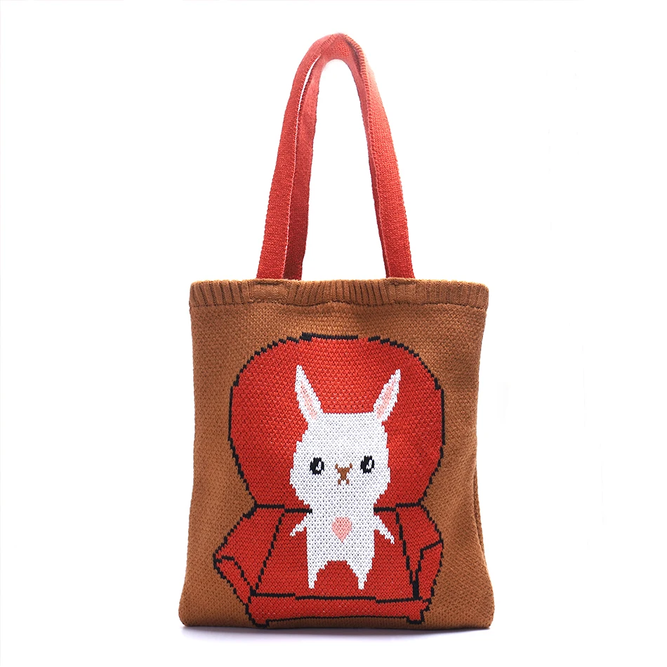 

Ladies Fashion Cartoon Knitted Fabric Eco-friendly Hand Tote Bag Retro Casual Fun Kawaii Strap Shoulder Beach Bag Wallet Purses