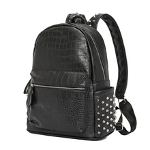 Fashion rivets men backpack Large capacity Crocodile pattern nlaptop backpack 15.6 Casual Travel bag pu leather   black backpack