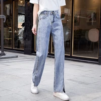 fashion women casual loose jeans split wide leg pants ladies streetwear light blue long trousers denim pants size s xl