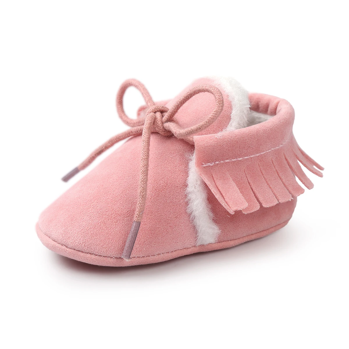 FluffPink Детская обувь для новорожденного мальчика девочки зима теплый пух бахрома замша Sofe на шнуровке малыша Детская кроватка ползать обувь повседневные Мокасины - Цвет: FluffPink