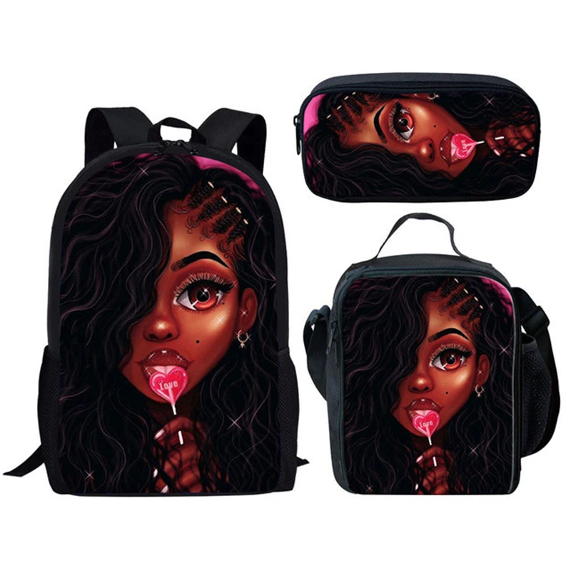 ELVISWORDS School Bags For Girls Women Pretty Afro American Girl Printing Backpacks Set Teenager School Backpack Fashion Mochila