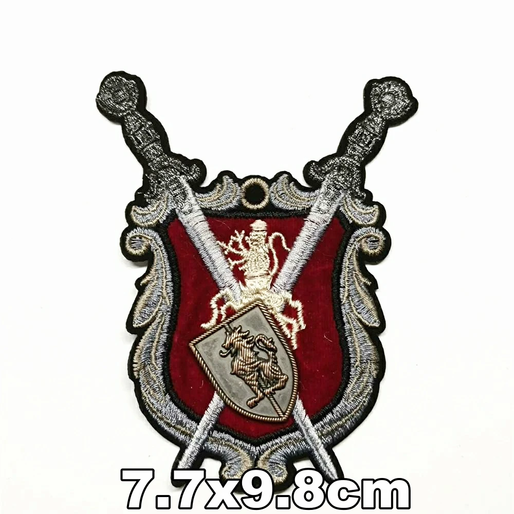 

Apparel embroidery metal sword shield lion embroideried patches for clothing AM-3345