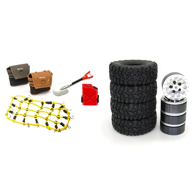 

2 Set RC Car Part: 1 Set Roof Luggage Rack Net Oil Tank Spare Tire Bag & 1 Set Metal Wheel Rim Hub With Rubber Tire Tyre
