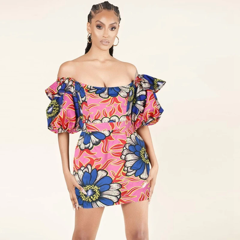 

2021 New Summer Fashion Printed Bodycon Women Dress Sexy Lantern Sleeve Hip Slim Pencil Mini Dresses Laides Party Dresses