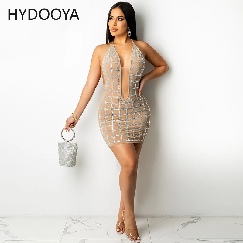 

Роскошные блестящие платья стразы на день рождения для женщин, элегантное Сетчатое прозрачное вечернее платье с лямкой на шее и открытой сп...