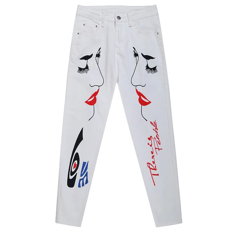 

Winter Fleece Warm Pencil Pants Women High Waist Elastic White Jeans Office Ladies Printed Harem Denim Pants Casual Trousers