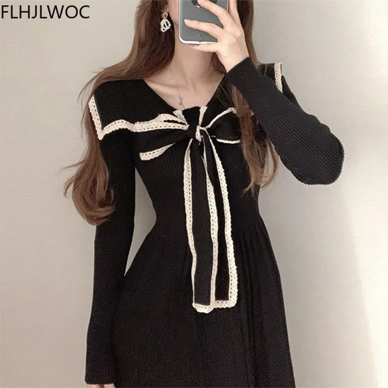 

2021 Spring Women Cute Sweet Bow Tie Knitted Sweater Dress J2366