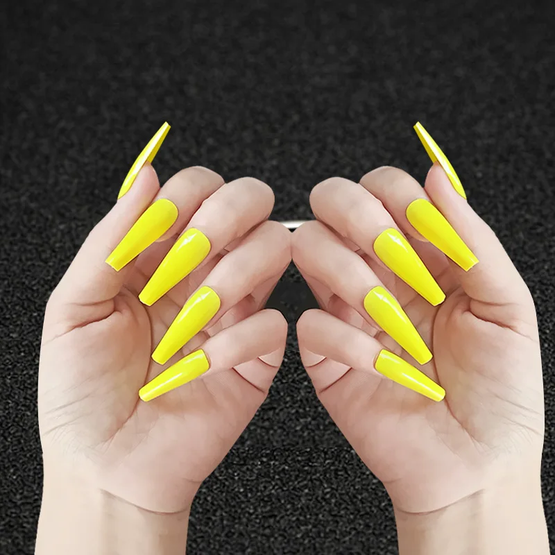 

5 Sets Bright Yellow Super Long Coffin Ballerina False Nails Full French Fake Nails Coffin Nail Decoration Tips Press on Nails