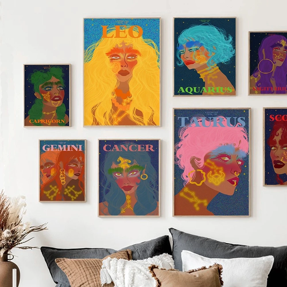 

Constellation Abstract Girl Face Wall Art Canvas Poster Print Astrology Boho Zodiac Sign Astrology Painting Decoration Pictures