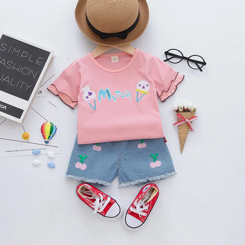 Комплект летней одежды для девочек Новый Модный хлопковый комплект из 2
