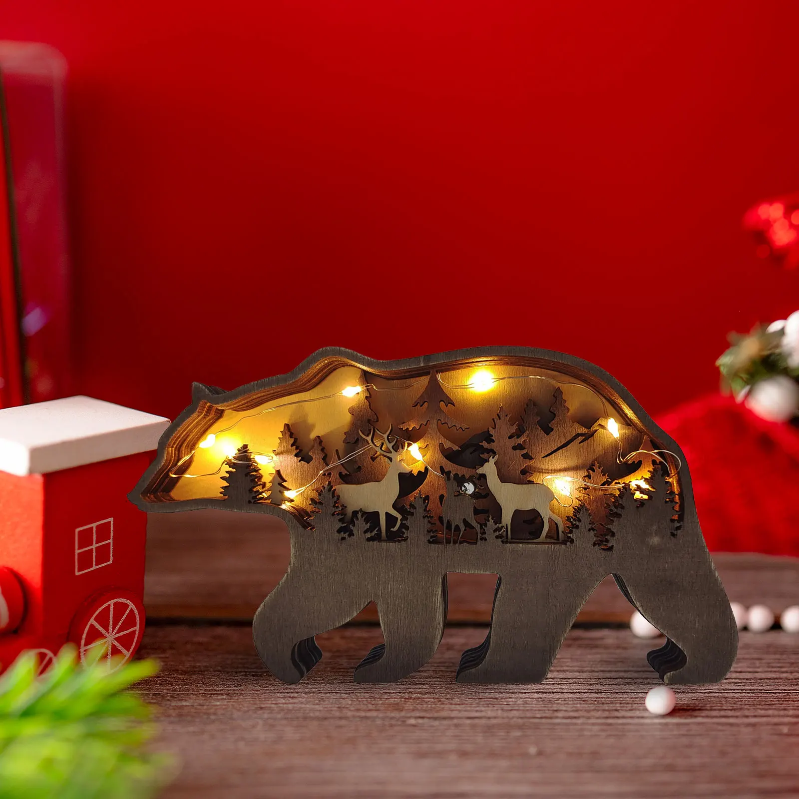 

Wooden Ornaments Hollow Multi-Layer Forest Animal Scene Display with Light Carving Handcraft Outdoor Christmas Desktop Ornaments