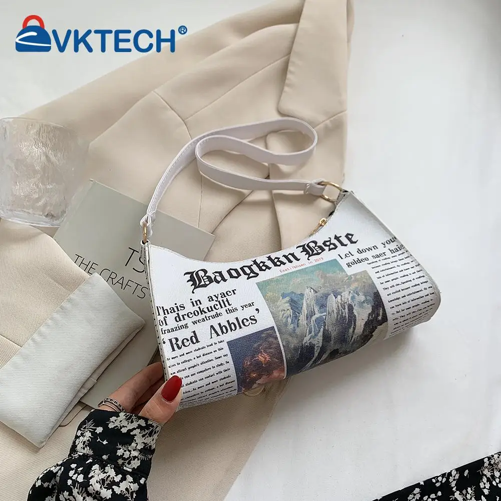 

Fashion Women Newspaper Printing PU Leather Shoulder Underarm Bag Casual Ladies Small Purse Handbags