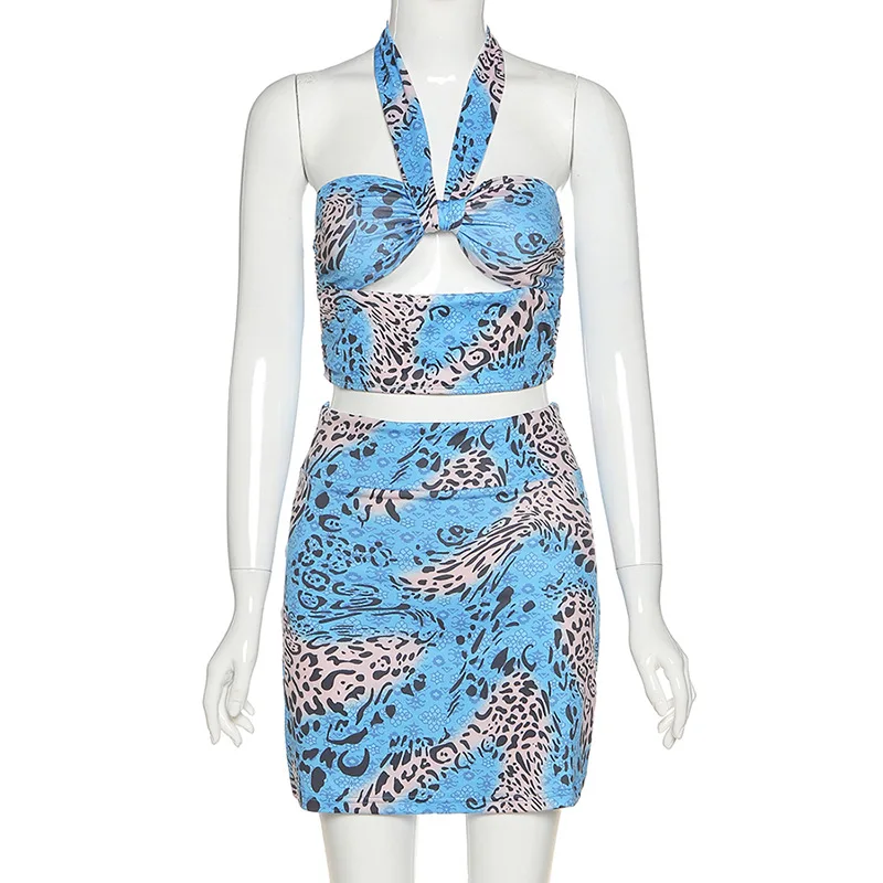 Camouflage leopard Printed Hollow Out Halter Crop Tops and High waist Mini Skirt Summer beach Party Club Sets 2 Piece Suits |