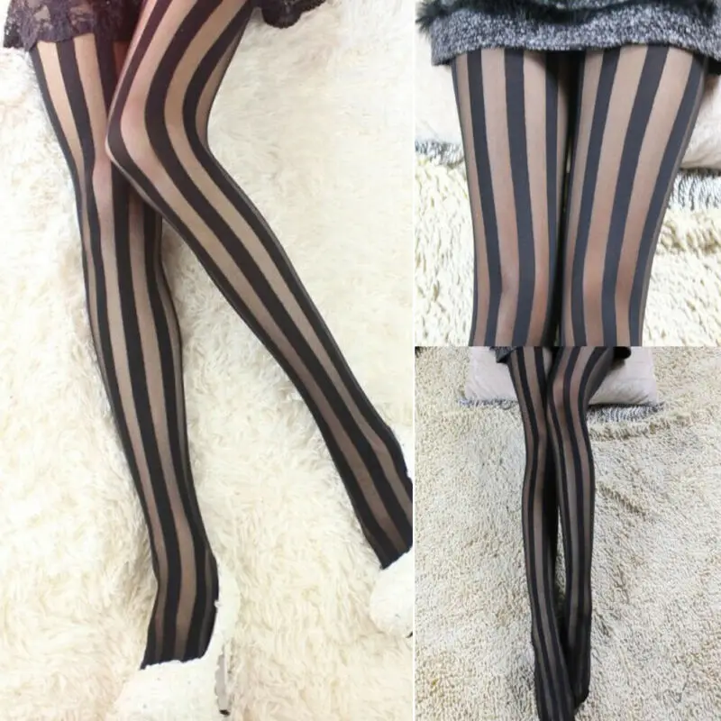 Прозрачные женские полосатые черные сексуальные чулки панк-рок вертикальные