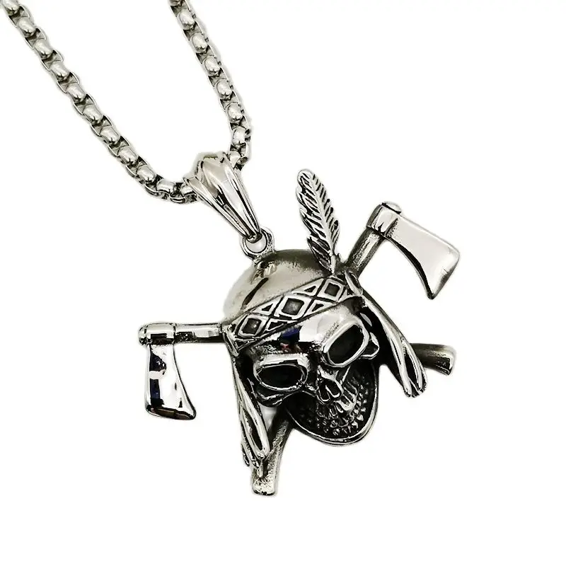 Винтажное ожерелье с подвеской в виде Индийского Пера и черепа из нержавеющей