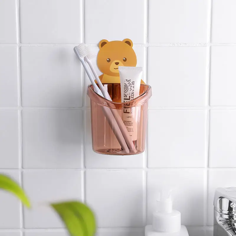 

Cute Bear Stickers Toothbrush Holder Bathroom Supplies Organizer Punch-free Wall Mounted Storage Rack Bathroom Accessories