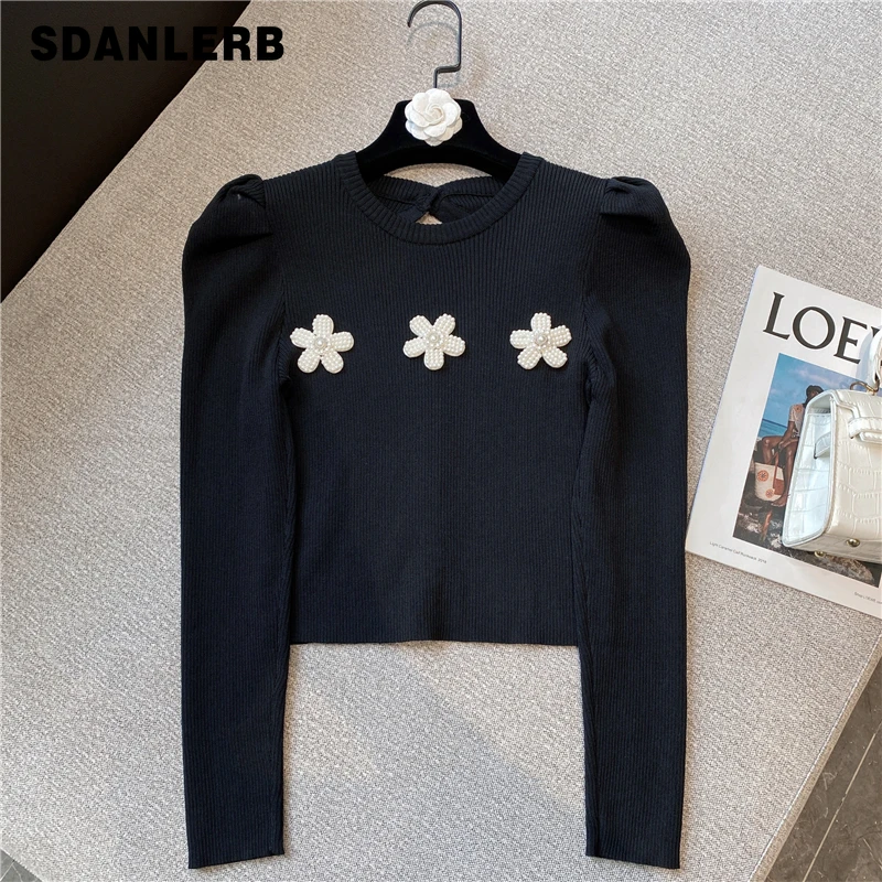 

Женская футболка с длинным рукавом и круглым вырезом, с жемчугом