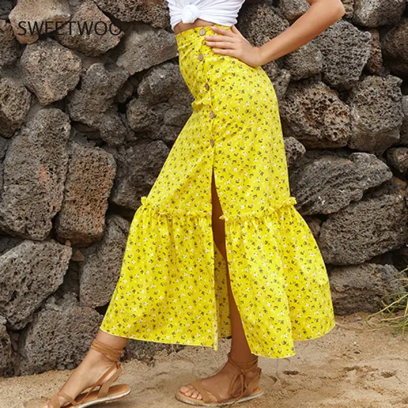 

Long skirt female 2021 spring summer fashion yellow red black daisies printed high waisted sun