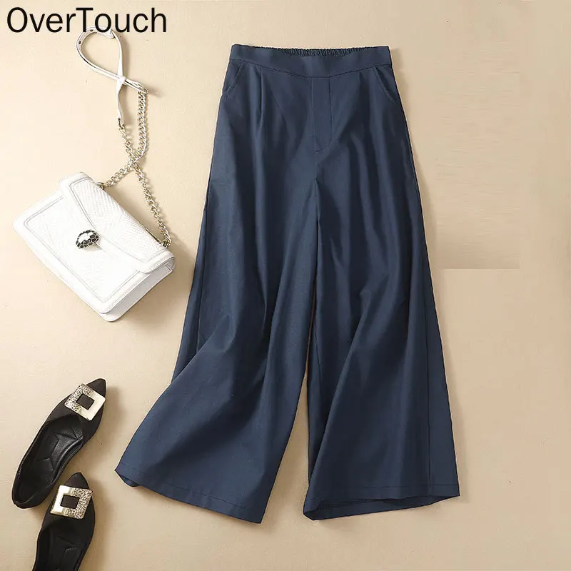

Plus Size 2021 Women Linen Pants Elastic Vintage Female Patchwork Solid Fashion Slacks Wide Leg Oversize Loose Pants