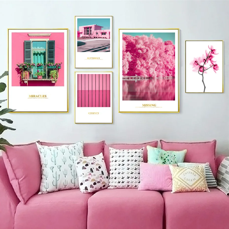 

Minimalism Nordic Small Fresh Pink Flower Landscape Architecture Canvas Painting Poster Wall Art Bedroom Living Room Home Decora