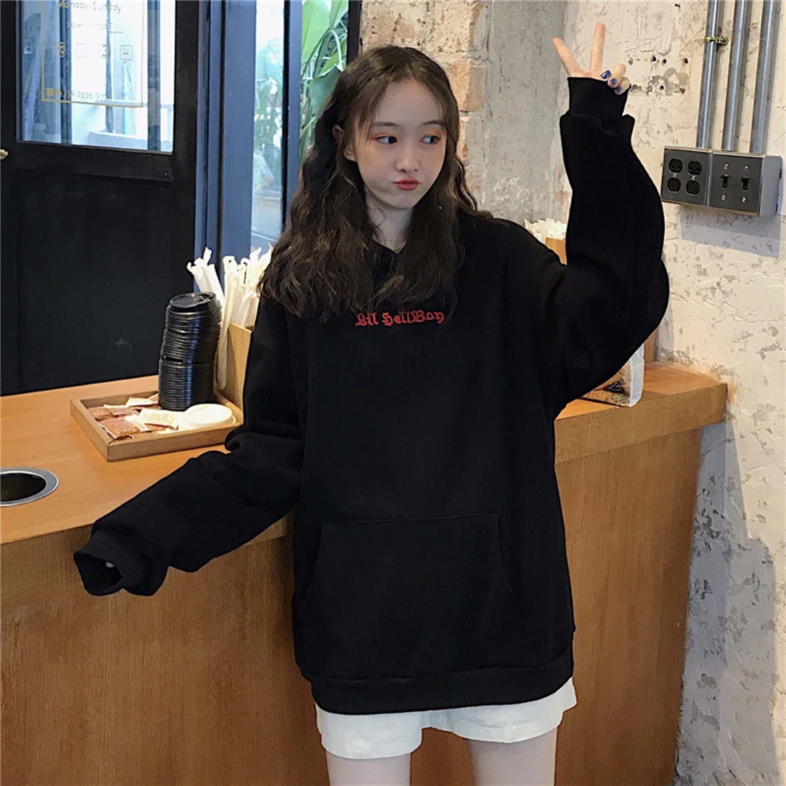 Autumn Women Hoodie Fleece Flannel Pullover Female Sweatshirt Long Sleeve Letters Print Devil Hood Sweatshirt Plush Warm Hoodie
