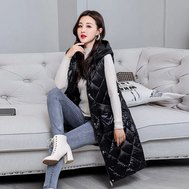 

2021 Winter New Down Cotton Waistcoat Outwear Women's Mid-length Slim And Thin Outer Wear Thickened Warm Hooded Waistcoat LS52