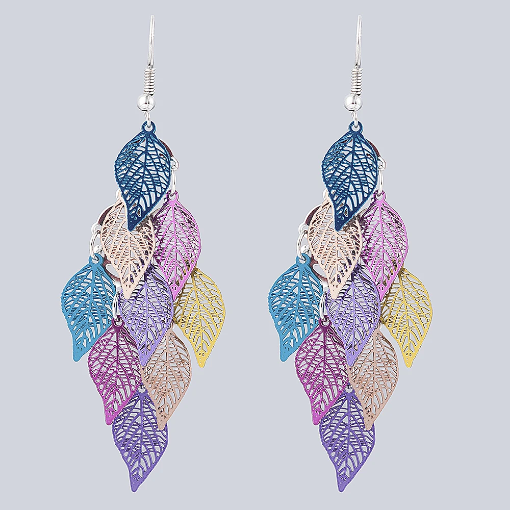 mixed color Семь цветов маленькие девять аксессуары листик листья серьги богемные ювелирные изделия свисающие серьги Boho милые украшения для женщин подарок - Окраска металла: mixed color