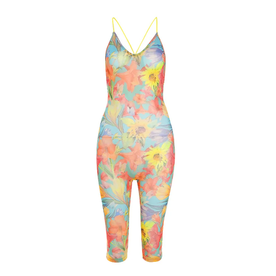 

Casual Women Floral Print Halter Backless Jumpsuits Bodycon Sexy Palysuits Fitness Streetwear 2021 Spring Summer