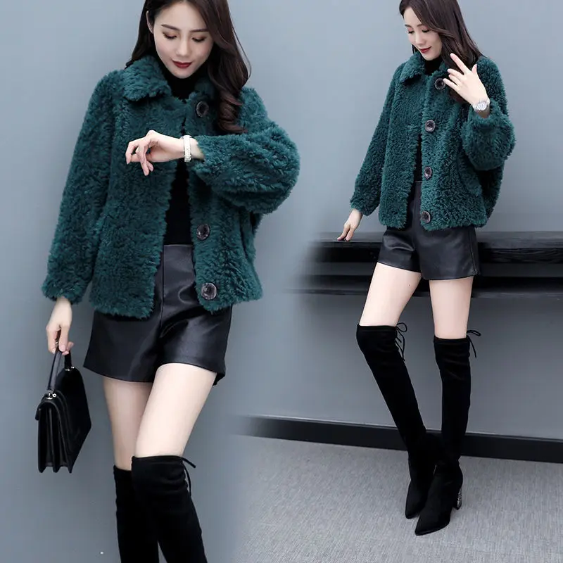 2021 Women Autumn Winter Real Fur Coat Lady Wool Turn-down Collar Thick Warm Outerwear Female Genuine Sheep Shearing Jakcet K338
