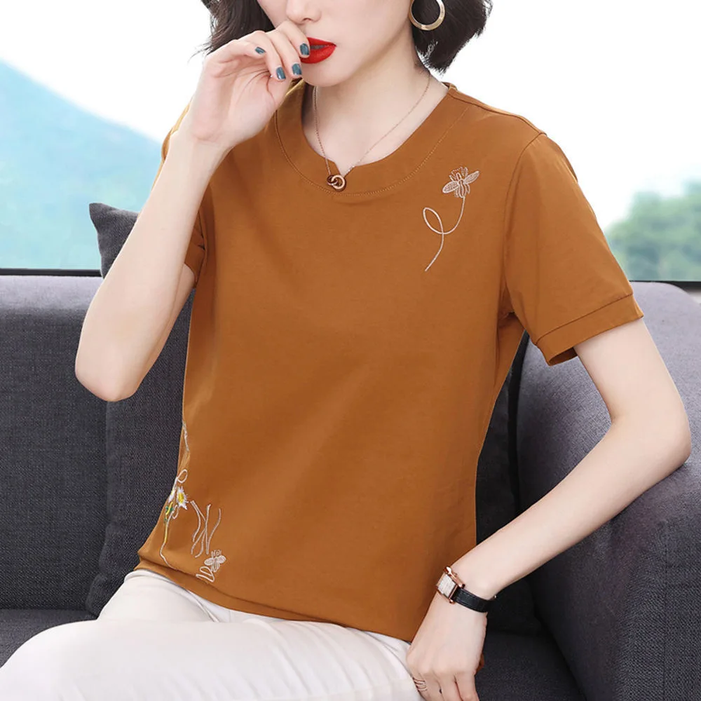 

100% Cotton T Shirt Woman 2021 Summer New Short Sleeve Shirt O Neck Woman T-shirt Loose Korean Style Plus Size Women Shirts