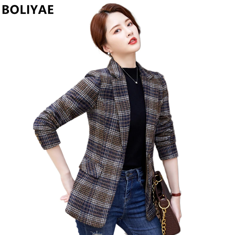 Boliyae Autumn Suit Coat Women Fashion Tweed Plaid Jacket Double Breasted Long Sleeve Wool Blazers Winter Outerwear Chic Tops