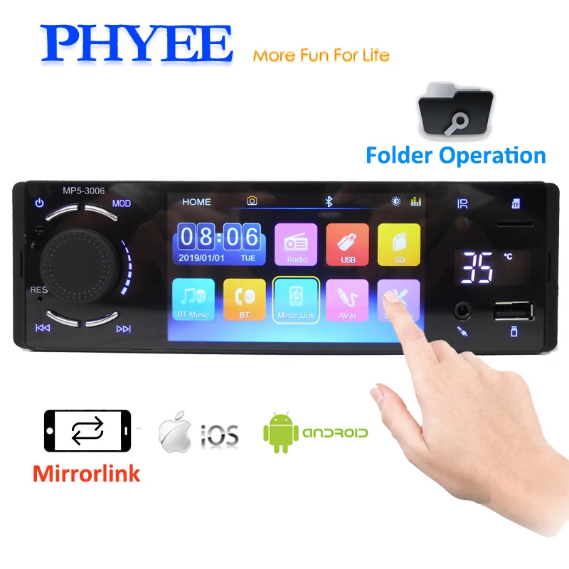 PHYEE 1 Din Автомагнитола зеркалом Link Bluetooth Handsfree " Сенсорный экран Видеоплеер MP5 USB TF Управление папками Головное устройство ISO 3006