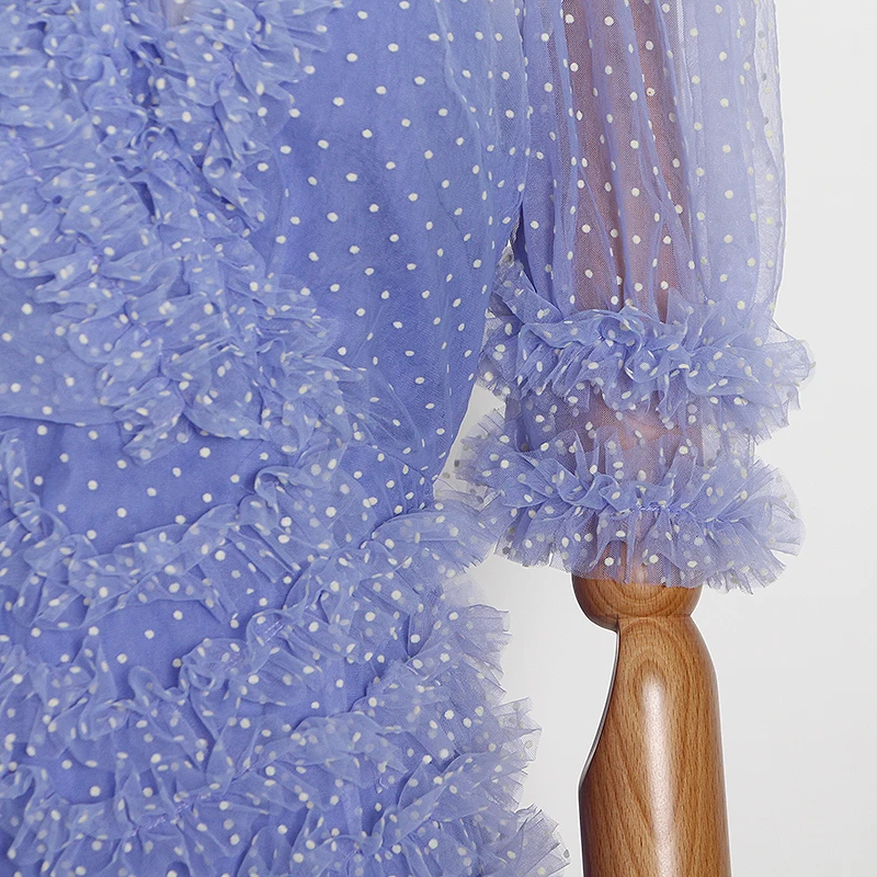 

TWOTWINSTYLEPolka Dot Mesh Patchwork Dress For Women V Neck Puff Sleeve Hit Color Lace Elegant Dresses Female 2021 Summer New