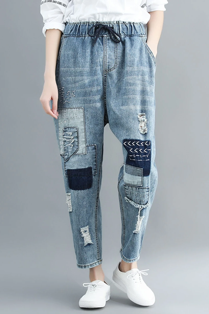 

Denim Harem Pants Women Patchwork Elastic Waist Baggy Oversize Loose Jeans Loose Casual Pockets Washed Casual Retro Denim Pant