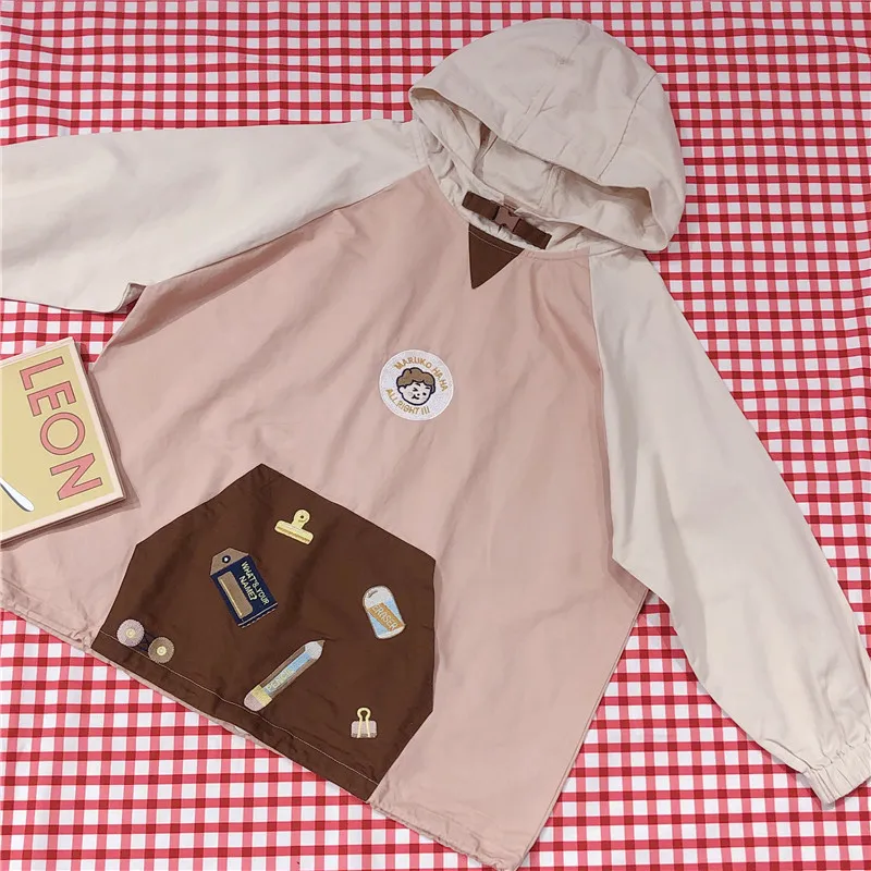 

Japanese Early Autumn Hooded Coat Mori Vintage BF Cartoon Cute Embroidery Pullover Top Loose Contrast Preppy Women Wear Out