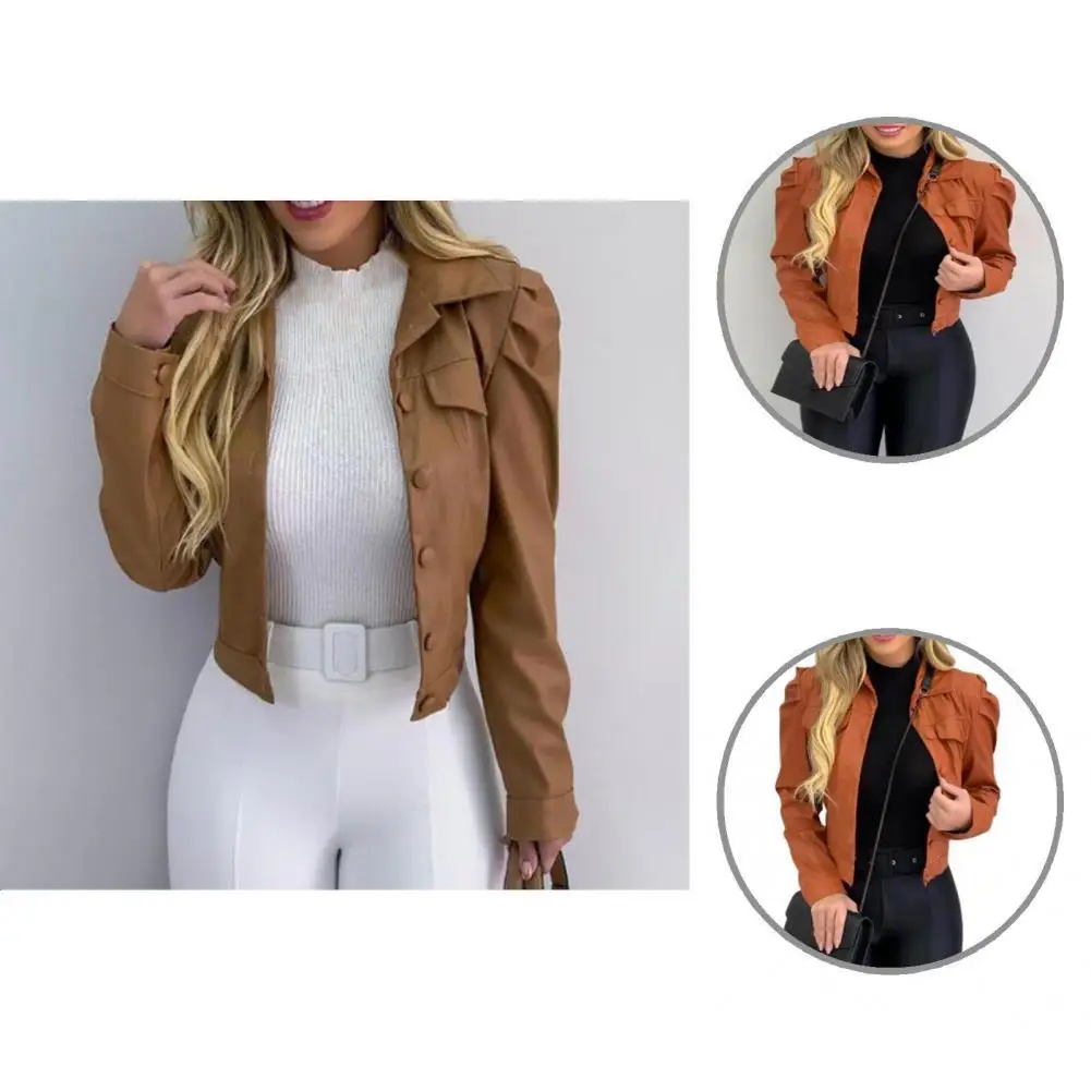 

Button Cuff Lightweight Slim Lady Faux Leather Cardigan Coat Winter Outerwear for Daily Wear
