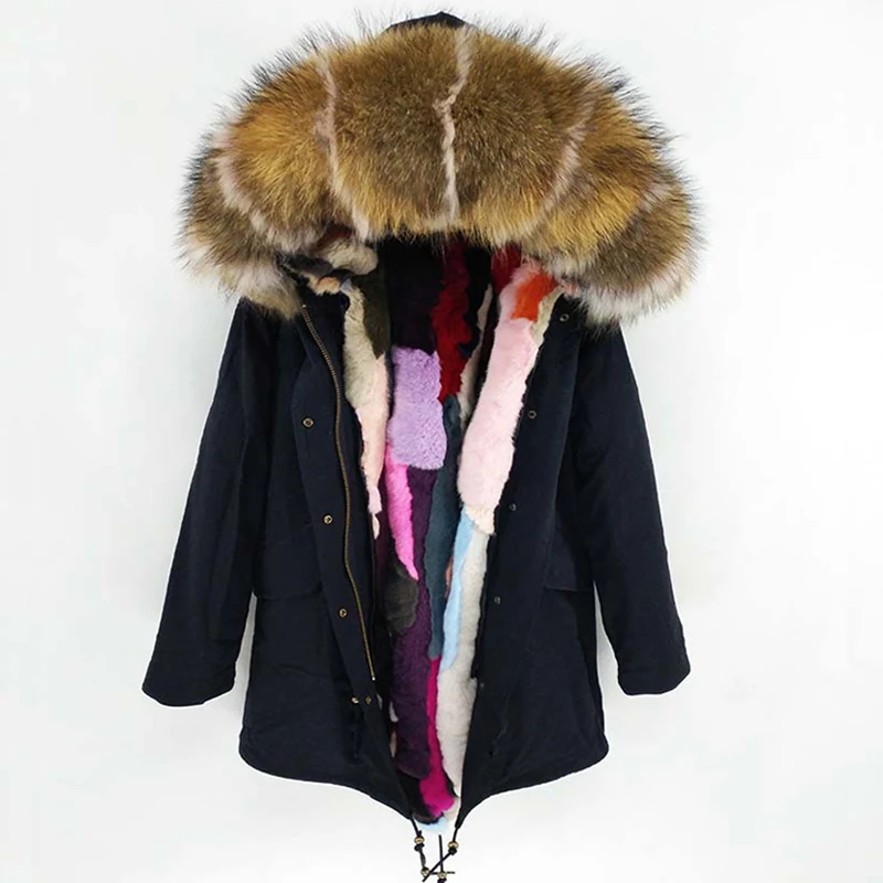 Женские армейский зеленый большой енота меховая куртка парка с капюшоном для