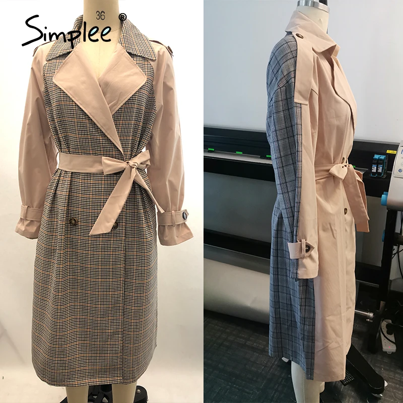 

Causal light tan autumn women trench coat Split joint elegant long sleeve coat Plaid long coat with belt windbreaker