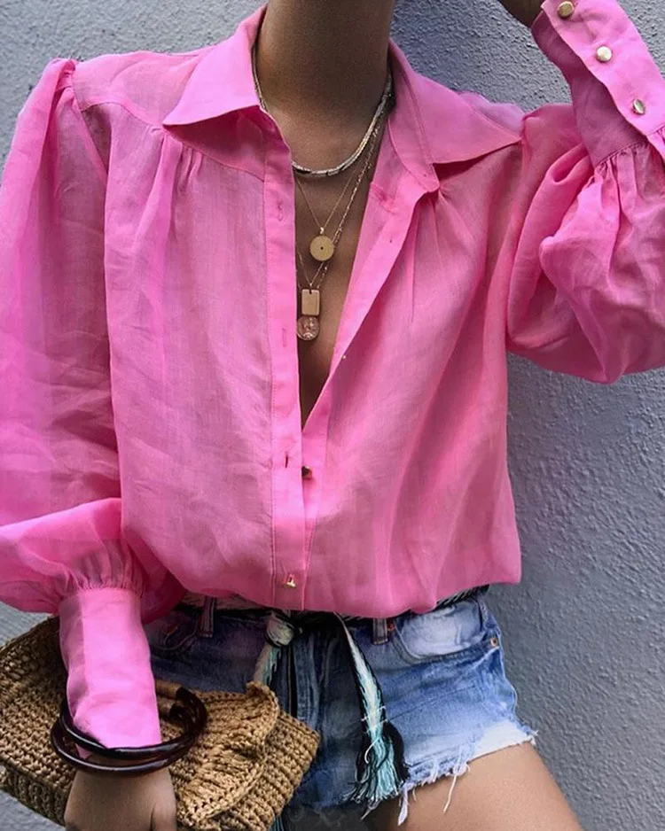 

Loose Solid Color Long Shirt Ladies Lantern Sleeveless Jacket Suit Stand Collar Shirt Female
