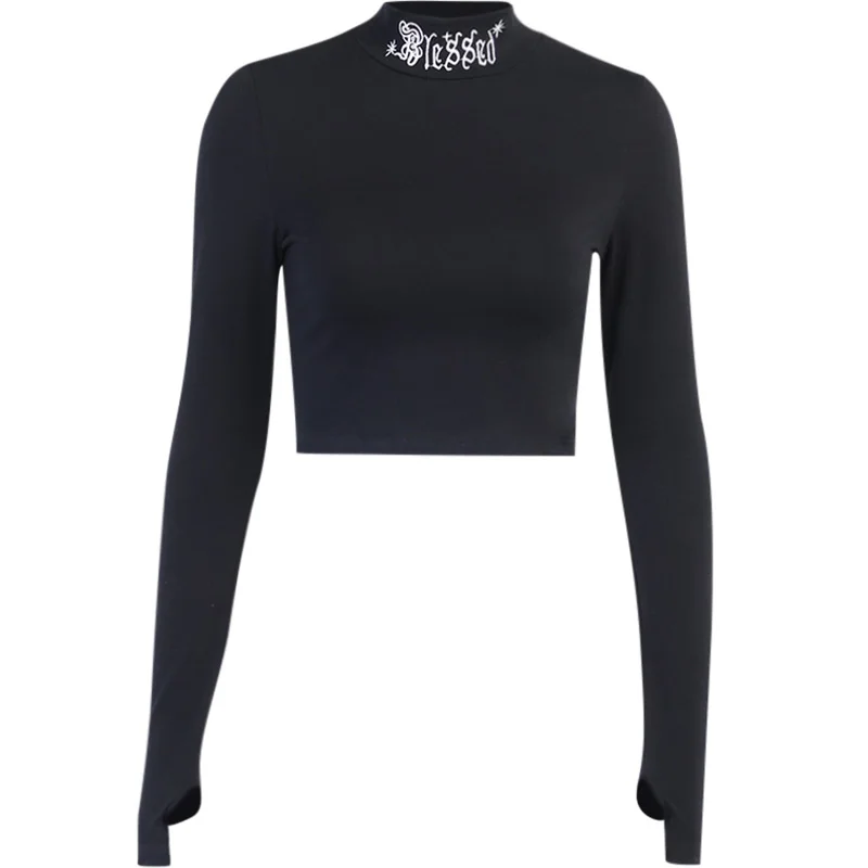 

Sun- 99 Women Black Bodycon Long Sleeve Crop Tops Gothic Harajuku Letter Embroidery Vintage Solid Tops Female Casual Basic Tops